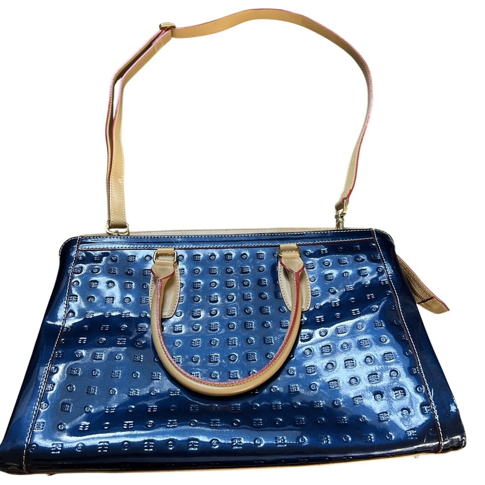 Arcadia Satchel Bag Womens Large Navy Blue Embossed Patent Leather Made in Italy